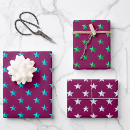 Violet Red Blue Silver Green Türkise Blue Stars Geschenkpapier Set
