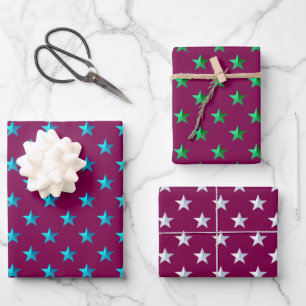 Violet Red Blue Silver Green Türkise Blue Stars Geschenkpapier Set