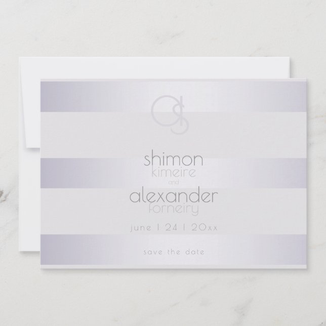 Violet Silber Schimmer Streifen Monogramm Save The Date (Vorderseite)
