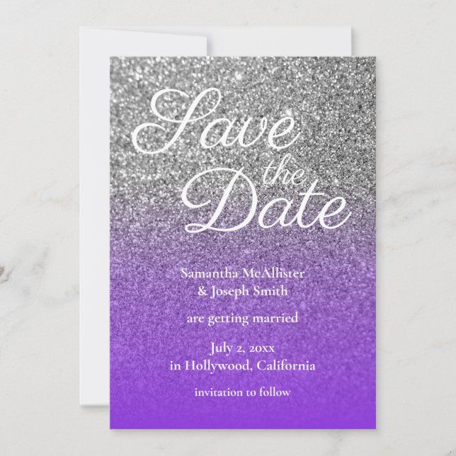 Violet Silver Ombre Glitzer Save the Date Einladung (Vorderseite)