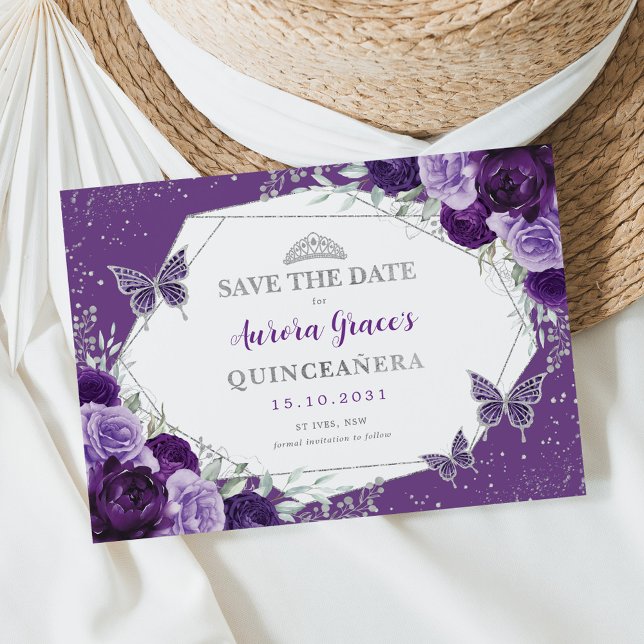 Violet Silver Quinceanera Floral Save the Date Ankündigung (Von Creator hochgeladen)