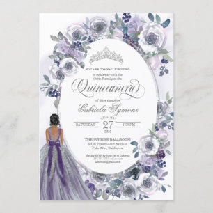 Violet Silver White Watercolor Floral Quinceanera Einladung