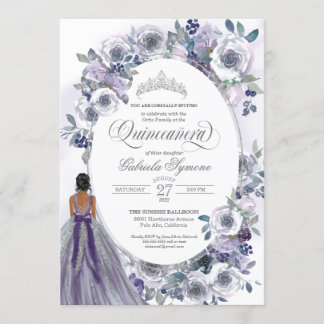 Violet Silver White Watercolor Floral Quinceanera Einladung