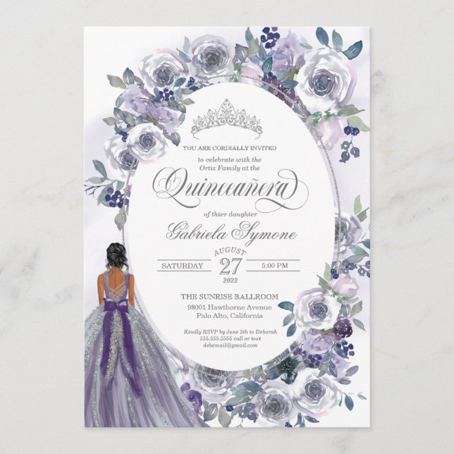Violet Silver White Watercolor Floral Quinceanera Einladung (Vorderseite)
