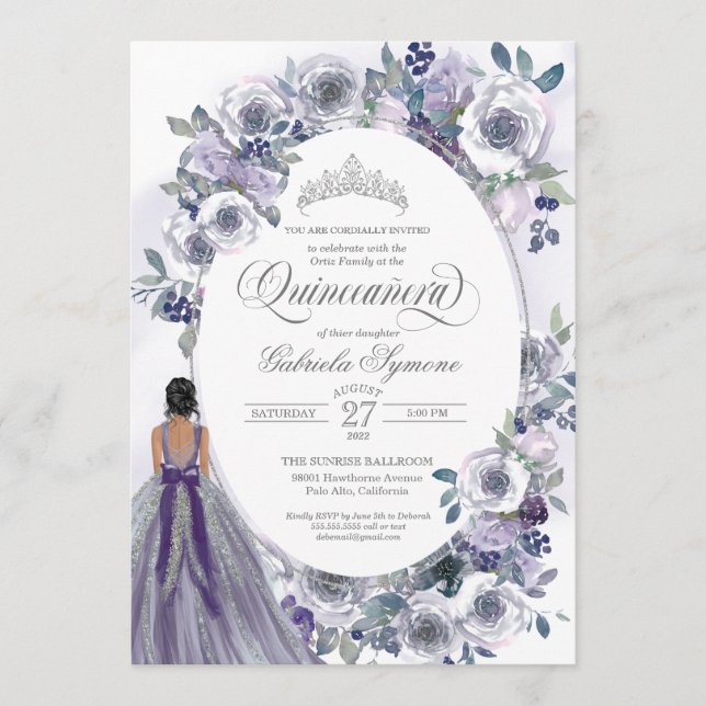Violet Silver White Watercolor Floral Quinceanera Einladung (Vorderseite)