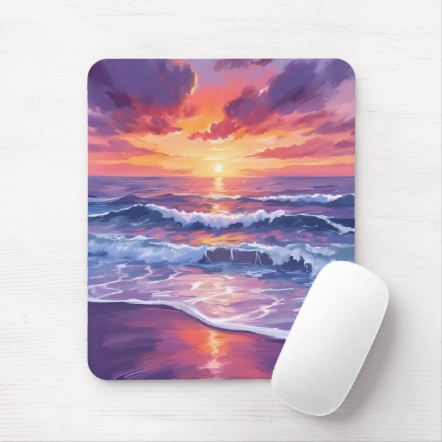Violet Tide | Purple Sunset Ocean Waves Mousepad (Mit Mouse)
