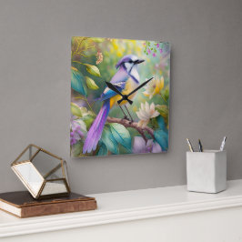 Violet Tufted Jay Fantasy Bird Quadratische Wanduhr