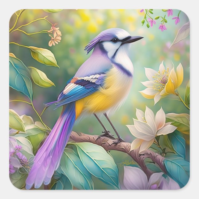Violet Tufted Jay Fantasy Bird Quadratischer Aufkleber (Vorderseite)