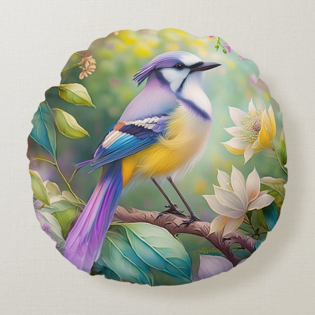 Violet Tufted Jay Fantasy Bird Rundes Kissen (Vorderseite)