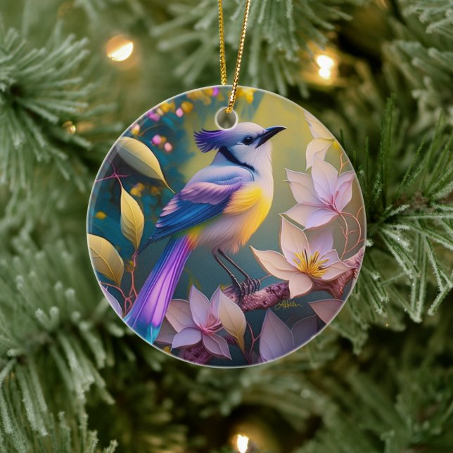 Violet Tufted Yellow Breasted Fantasy Bird Keramik Ornament (Baum)