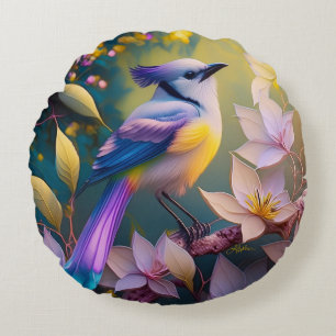 Violet Tufted Yellow Breasted Fantasy Bird Rundes Kissen
