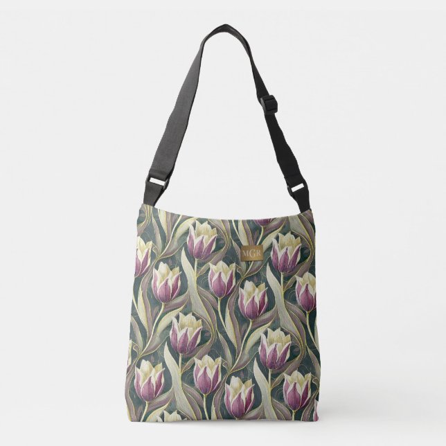 Violet Tulip Elegance - Art Nouveau Botanical Tragetaschen Mit Langen Trägern (Vorderseite)