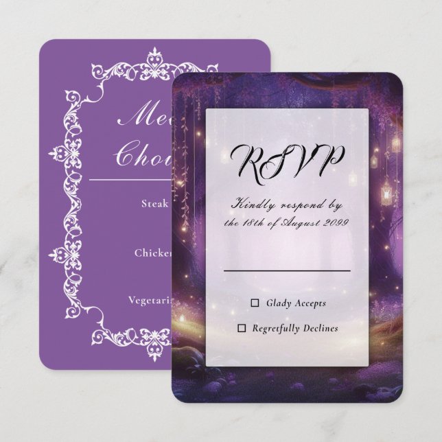Violet um Mitternacht Enchanted Forest Hochzeit RSVP Karte (Vorne/Hinten)