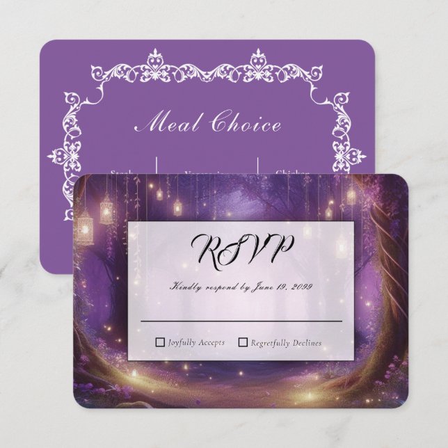 Violet um Mitternacht Enchanted Forest Hochzeit RSVP Karte (Vorne/Hinten)