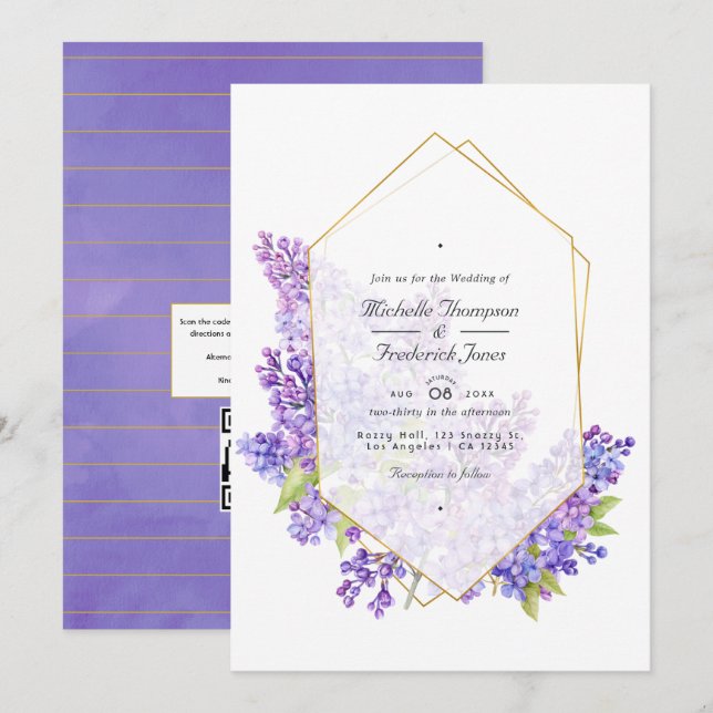 Violet und Gold Herbarium QR Code UAWG Wedding Einladung (Vorne/Hinten)