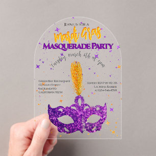 Violet und Orange Funkelnde Maske Mardi Gras Party Acryleinladungen