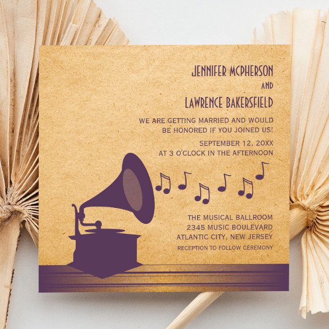 Violet Vintag Gramophone Wedite Einladung (Violet Vintage Gramophone Wedding Invite)