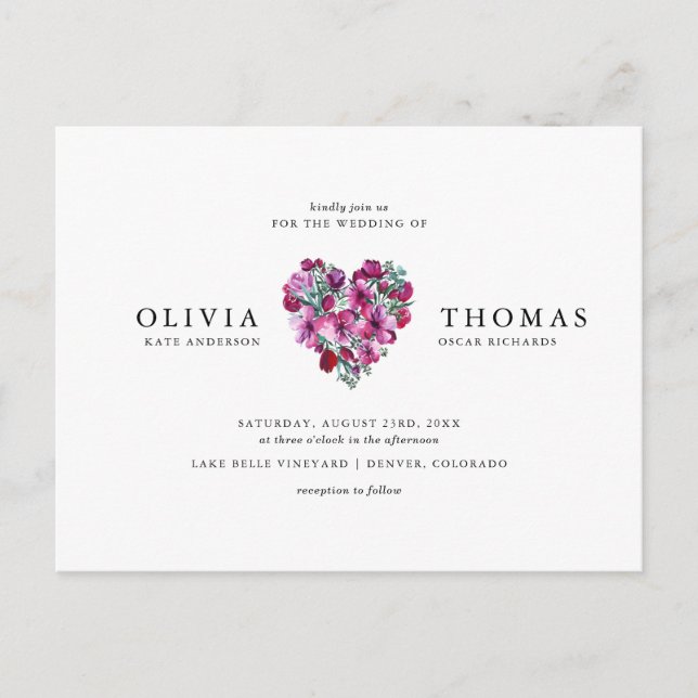 Violet Watercolor Blume Herz Bouquet Wedding Einladungspostkarte (Vorderseite)