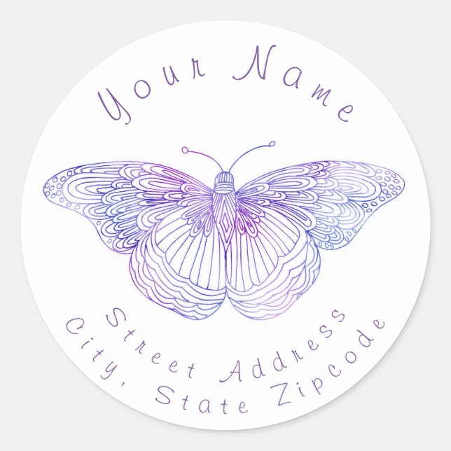 "Violet Watercolor Butterfly"-Adressetikett Runder Aufkleber (Vorderseite)