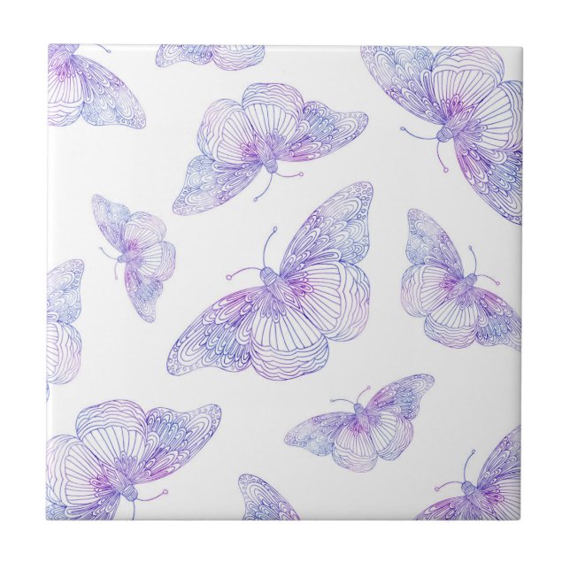 Violet Watercolor Butterfly Pattern Fliese (Vorderseite)