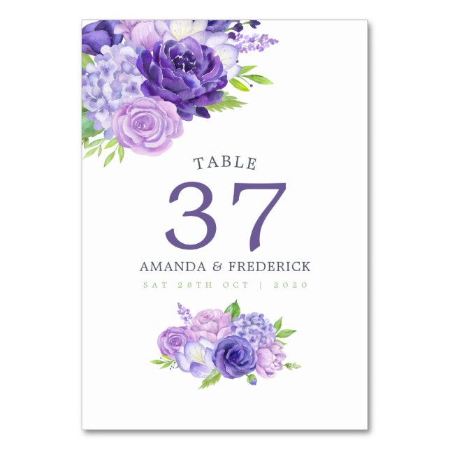 Violet Watercolor Floral Wedding Tischnummer (Vorderseite)