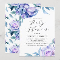 Violet Watercolor Peonies Floral Baby Dusche