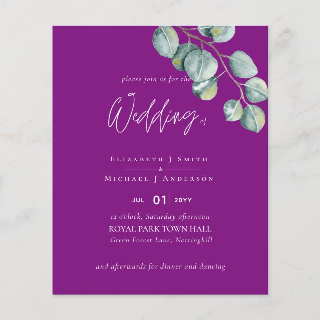 VIOLET White EUCALYPTUS Hochzeit mit geringem Budg Flyer (Vorne)