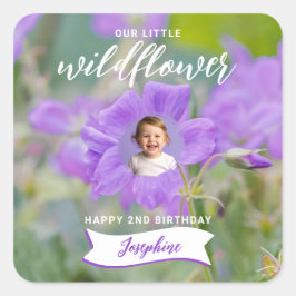 Violet Wildflower Custom Photo Happy Birthday Quadratischer Aufkleber
