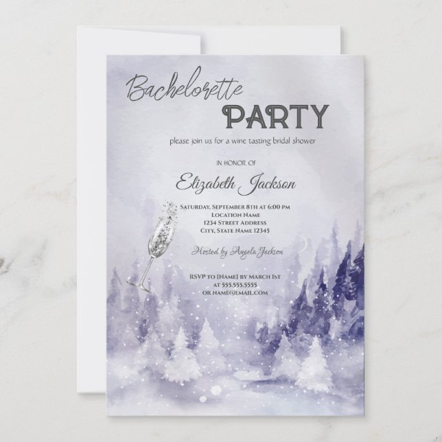 Violet Winter Landschaft Snow Bachelorette Einladung (Vorderseite)