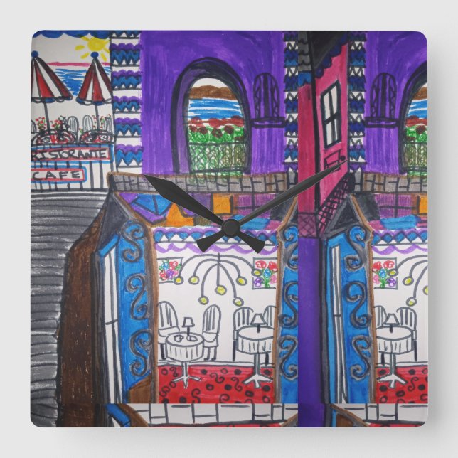 Violetas Cafe Quadratische Wanduhr (Vorderseite)