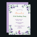 Violetfloralen Bluebells Weiß 30. Geburtstag Party Einladung<br><div class="desc">Eine schlichte und elegante Einladung für ein mädchenhaftes 30. Party. Vorne ein eleganter weißer Hintergrund mit violetter, lila Bluebell-Blume und einem kleinen Gesangsvogel. Vorlagen für einen Namen und Party Details. Der Name ist mit einem modernen handgeschriebenen Stilskript geschrieben. Text in violett, grün eine goldene Farbe. Ideal für ein Party im...</div>