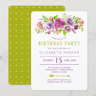Violetgrün rustikal blühende böhmische Geburtstags Einladung
