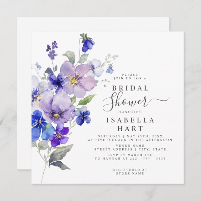 Violets Botanisches Lila blaues Brautparty Einladung (Vorne/Hinten)