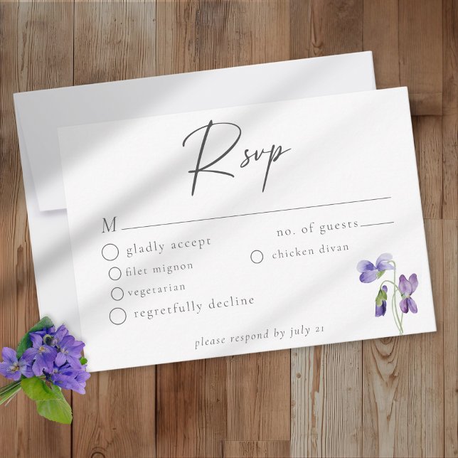 Violets Watercolor Minimalist Elegant Wedding RSVP Karte (Von Creator hochgeladen)