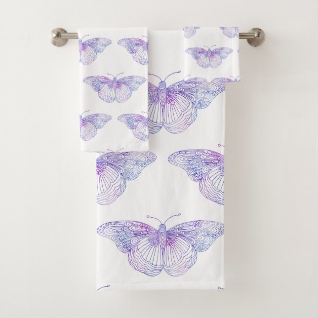 Violett Aquarell Schmetterlingsmuster 2 Badhandtuch Set (Insitu)