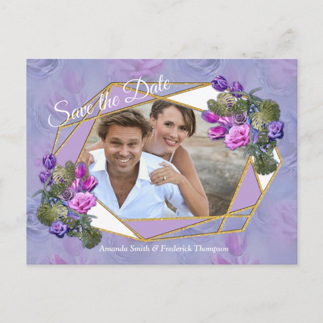 Violett-blaue Aquarellfarben-Rose & Tulpen mit Gol Ankündigungspostkarte (Vorderseite)