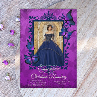 Violett, Blauer Schmetterling Quinceanera Einladun Einladung