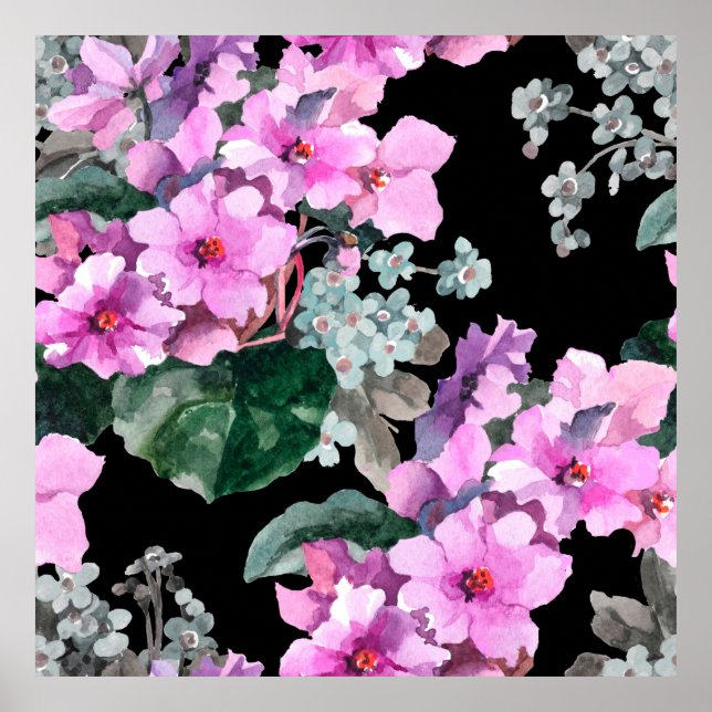 Violett Blume und vergessen Sie mich nicht Aquarel Poster (Vorne)