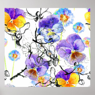 Violett Blume Wasserfarbenes Vintages Muster Poster