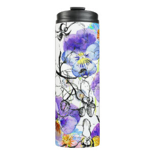 Violett Blume Wasserfarbenes Vintages Muster Thermosbecher