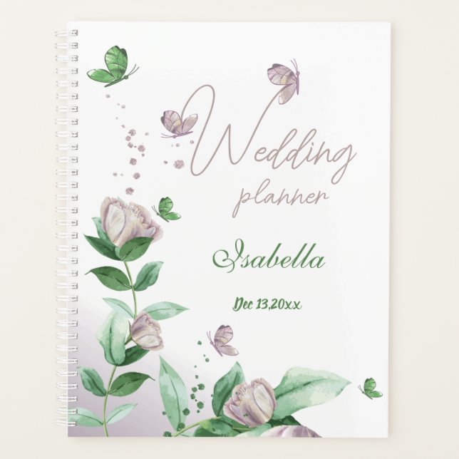 Violett Blumen & Schmetterlinge Grüne Hochzeit Planer (Vorderseite)