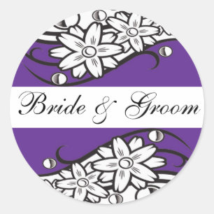 Violett-Blumenbrille & Groom-Hochzeit-Umschlag Auf Runder Aufkleber
