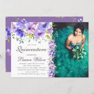 Violett Blumengarten Quinceanera Foto Einladung