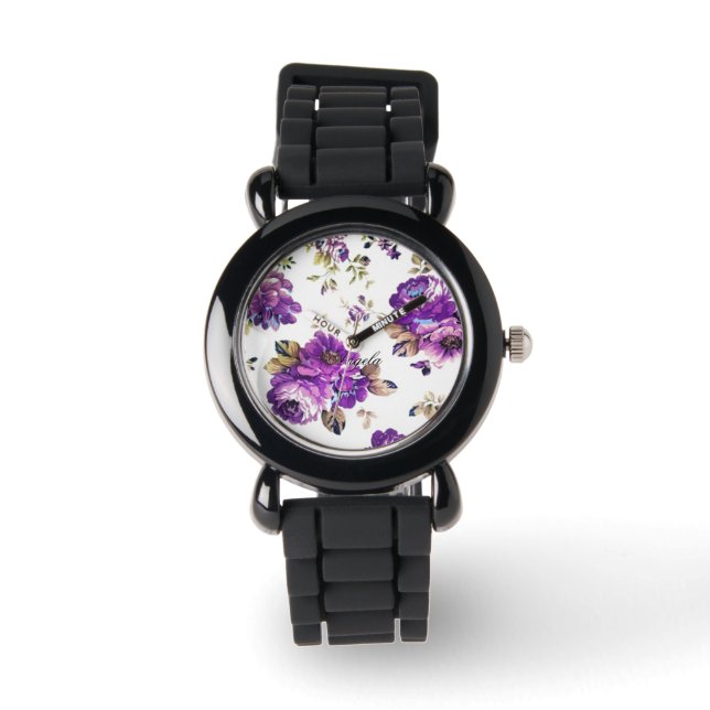 Violett-Blumenmuster Armbanduhr (Vorderseite)