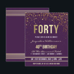 Violett | Budget Gold Confetti 40. Geburtstag Part<br><div class="desc">Violett | Budget Gold Confetti 40. Geburtstag Party Einladungen. Diese formelle,  elegante,  trendige,  moderne 40. Geburtstagsfeier eignet sich für Damen und Herren. Es besteht aus goldfarbenen,  klaren Linien,  stilvollem,  gothischem Großbuchstaben und raffiniertem Imitat Goldfolientext auf einem königlich lila Hintergrund mit Duschen von glitzernden,  glänzenden Goldkonfetti und Party-Bänder.</div>