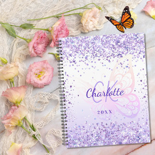 Violett Glitzer Schmetterling Name mit Monogramm 2 Planer