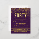 Violett | Gold Confetti 40. Geburtstag Party Folie Einladungspostkarte<br><div class="desc">Violett | Gold Confetti 40. Geburtstag Party Foil Postcard Einladungen. Diese formelle,  elegante,  trendige,  moderne 40. Geburtstagsfeier eignet sich für Damen und Herren. Es besteht aus goldfarbenen,  sauberen Linien,  stilvollem,  gotischem Großbuchstaben und ausgeklügeltem Goldfolientext auf einem königlich lila Hintergrund mit Duschen von glitzernden,  glänzenden Goldkonfetti und Party-Raster.</div>