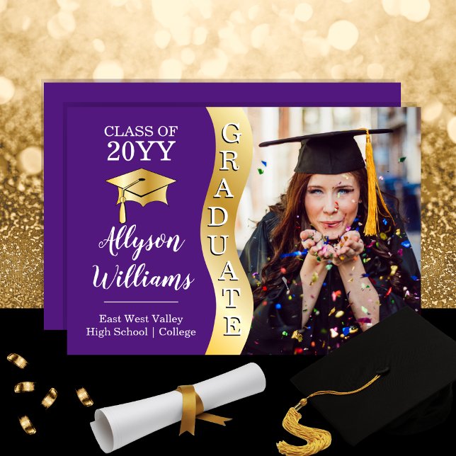 Violett | Gold Graduate Wave Grad Cap Foto Ankündigung (Purple and Gold Tone Graduate Wave Grad Cap Photo Announcement - Print | Download)
