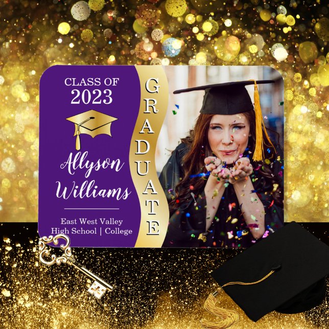 Violett | Gold Graduate Wave Grad Cap Foto Magnet (Von Creator hochgeladen)