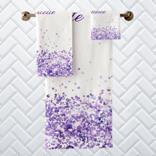 Violett Lavendel Glitzer Staub weiße Bezeichnung Badhandtuch Set